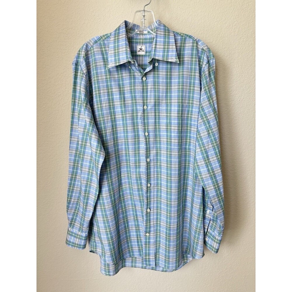Peter Millar Men's Size Medium Blue Green Plaid Long Sleeve Button-Down Shirt